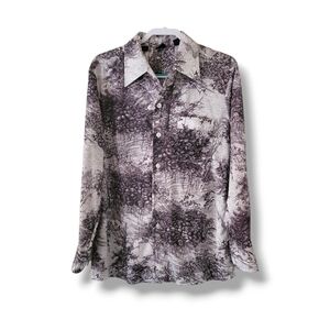 Joel California | Men's 70s VTG Gray Forest Sketch Disco Shirt (SIZE L)